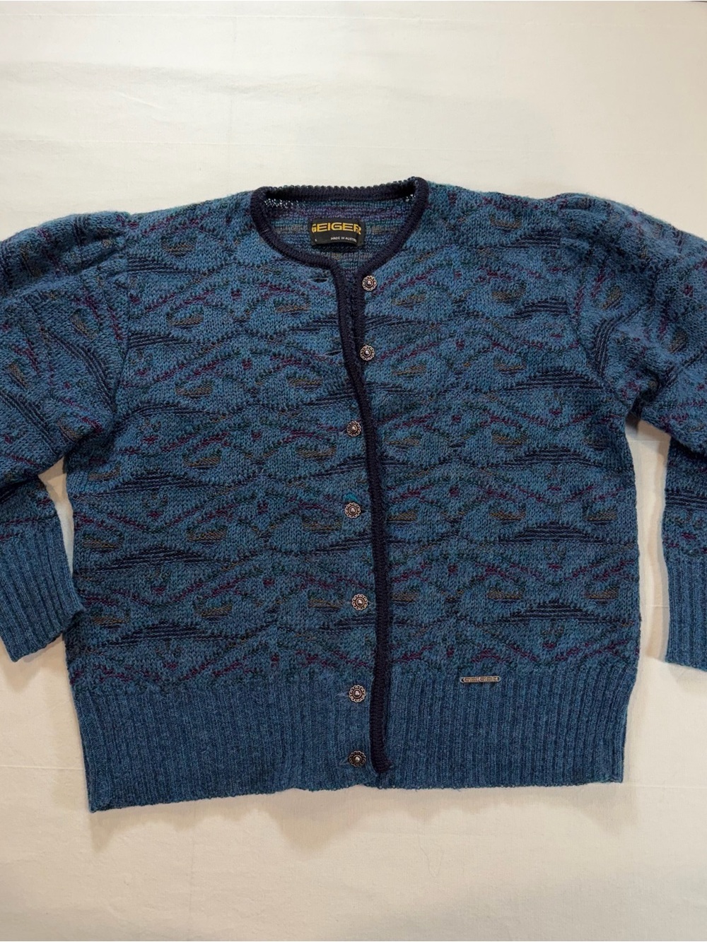 Geiger Blue Patterned Button-Front Women's Cardigan Pure New Wool Blend